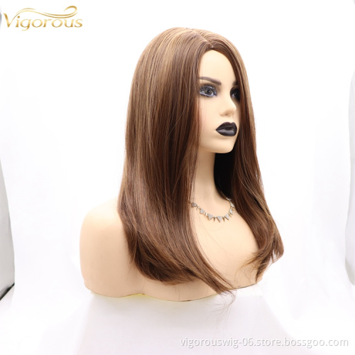 Vigorous brown mono premium high quality straight wave long wholesale black women synthetic hair wigs none lace front